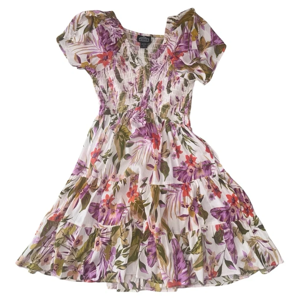 Angie - Floral Purple Green Pink Dress Stretch Top Flowy Floral Casual - XL - Picture 1 of 4